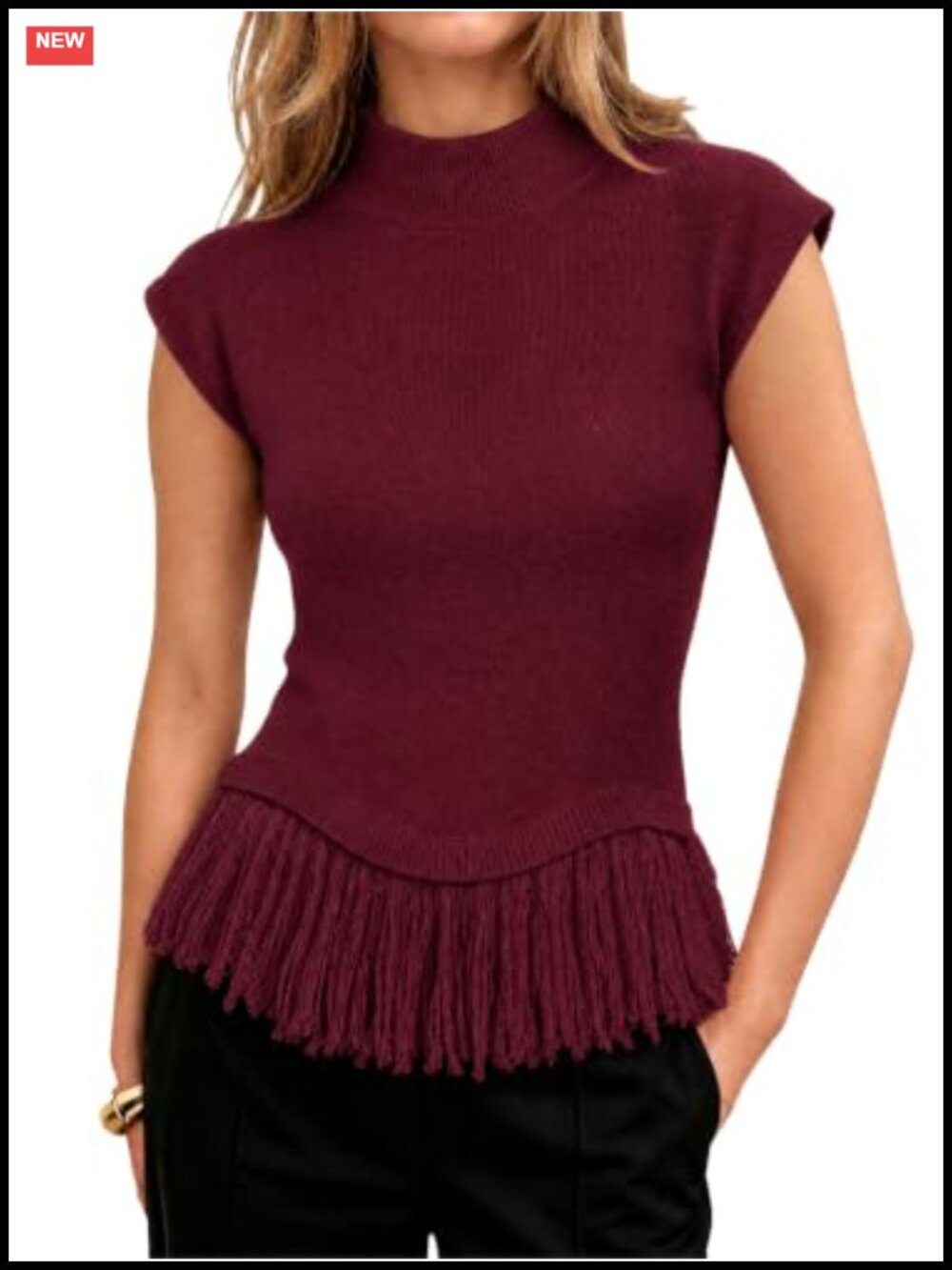 Women's Sweater Vest Mock Neck Cap Sleeve Fringe Knit Tank Top
